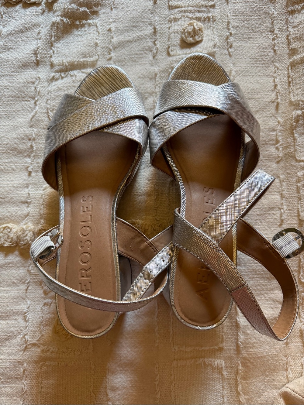AEROSOLES Metallic Silver Crisscross Ankle Strap Sandals
